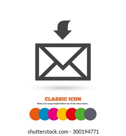Mail receive icon. Envelope symbol. Get message sign. Mail navigation button. Classic flat icon. Colored circles. Vector
