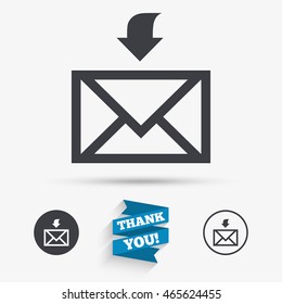 Mail receive icon. Envelope symbol. Get message sign. Mail navigation button. Flat icons. Buttons with icons. Thank you ribbon. Vector