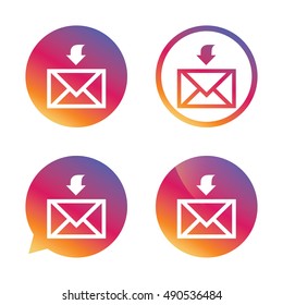 Mail receive icon. Envelope symbol. Get message sign. Mail navigation button. Gradient buttons with flat icon. Speech bubble sign. Vector