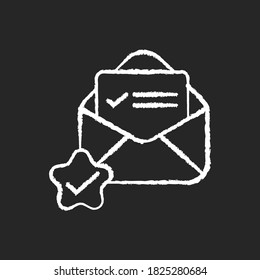 Mail received chalk white icon on black background. Envelope with letter. Quality feedback. Email message. Newsletter accepted. Answer in document. Isolated vector chalkboard illustration