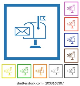 Correo recibido iconos de color plano de contorno en marcos cuadrados en fondo blanco
