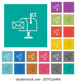 El correo recibió iconos planos de esquema multicolor en fondos cuadrados simples. Se incluyeron variaciones de iconos blancos y oscuros para efectos de movimiento o activos.