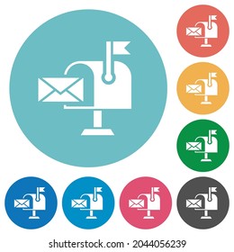 Mail received solid flat white icons on round color backgrounds