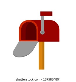 Mail red empty box. Open door. Element of house. Mailbox. Cartoon flat illustration. Waiting for a letter and a message in an envelope