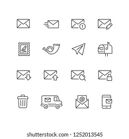 Mail related icons: thin vector icon set, black and white kit
