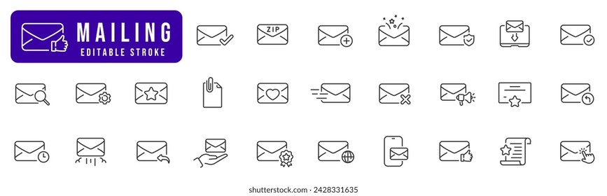 Mail relateed line icon set. Message, email, envelope, document, post, inbox etc. Editable stroke