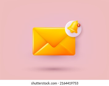 Mail with reminder bell. Notifications. Reminder design mockup. Email marketing, online advertising concept. 3D Web Vector Illustrations.