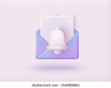 Mail with reminder bell. Notifications. Reminder design mockup. Email marketing, online advertising concept. 3D Web Vector Illustrations.