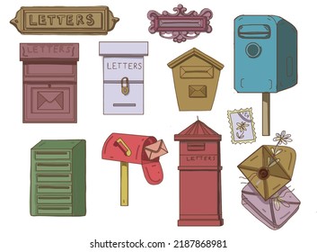 Mail retro mailboxes different, letters postage stamp hand drawn set isolated on white background sketch doodle cute cartoon