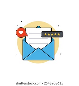 Mail with Review Star and Love React Vector Illustration.  Mail Review Concept Design