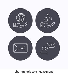 Mail, save water and faq speech bubble icons. Save planet linear sign. Flat icons in circle buttons on white background. Vector
