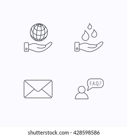 Mail, save water and faq speech bubble icons. Save planet linear sign. Flat linear icons on white background. Vector