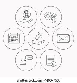 Mail, save water and faq speech bubble icons. Save planet linear sign. Check file, calendar and cogwheel icons. Vector