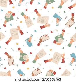 Mail seamless pattern doodle background with letter, envelope, postcard and note. Hand hold card and paper in creative style. Seamless correspondence, trendy hand pattern, stationery for greeting