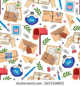 Mail seamless vector pattern. Letters in envelopes, postcards, postage stamps, notes, flowers. Paper message with wax seal. Mailbox, stationery. Correspondence, fountain pen, paperclip. Flat ornament