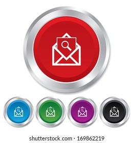 Mail search icon. Envelope symbol. Message sign. Mail navigation button. Round metallic buttons. Vector