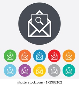 Mail search icon. Envelope symbol. Message sign. Mail navigation button. Round colourful 11 buttons. Vector