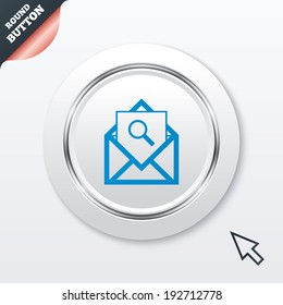 Mail search icon. Envelope symbol. Message sign. Mail navigation button. White button with metallic line. Modern UI website button with mouse cursor pointer. Vector