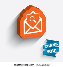 Mail search icon. Envelope symbol. Message sign. Mail navigation button. White icon on orange 3D piece of wall. Carved in stone with long flat shadow. Vector