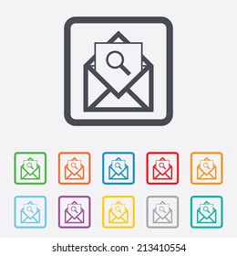 Mail search icon. Envelope symbol. Message sign. Mail navigation button. Round squares buttons with frame. Vector