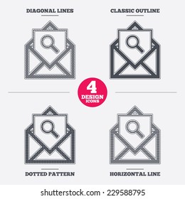 Mail search icon. Envelope symbol. Message sign. Mail navigation button. Diagonal and horizontal lines, classic outline, dotted texture. Pattern design icons.  Vector