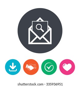 Mail search icon. Envelope symbol. Message sign. Mail navigation button. Download arrow, handshake, tick and heart. Flat circle buttons.