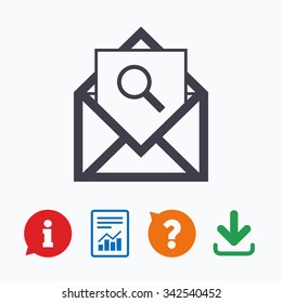 Mail search icon. Envelope symbol. Message sign. Mail navigation button. Information think bubble, question mark, download and report.