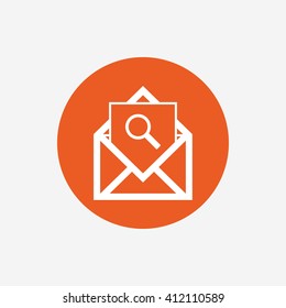 Mail search icon. Envelope symbol. Message sign. Mail navigation button. Orange circle button with icon. Vector