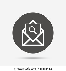 Mail search icon. Envelope symbol. Message sign. Mail navigation button. Gray circle button with icon. Vector