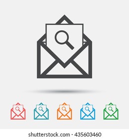 Mail search icon. Envelope symbol. Message sign. Mail navigation button. Graphic element on white background. Colour clean flat mail search icons. Vector