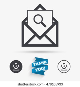 Mail search icon. Envelope symbol. Message sign. Mail navigation button. Flat icons. Buttons with icons. Thank you ribbon. Vector