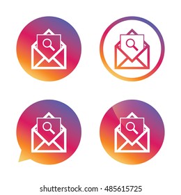 Mail search icon. Envelope symbol. Message sign. Mail navigation button. Gradient buttons with flat icon. Speech bubble sign. Vector