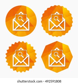 Mail search icon. Envelope symbol. Message sign. Mail navigation button. Triangular low poly buttons with flat icon. Vector
