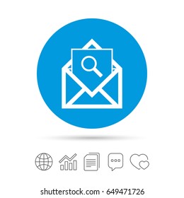 Mail search icon. Envelope symbol. Message sign. Mail navigation button. Copy files, chat speech bubble and chart web icons. Vector