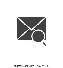 Mail search icon vector, filled flat sign, solid pictogram isolated on white. Envelope with magnifying glass symbol, logo illustration.