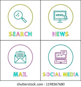 Mail and search posters set. Magnifying glass symbolizing seeking for info news on computer screen, message in envelope, headlines vector illustration