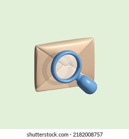 icono 3d del vector de búsqueda de correo. lupa en la ilustración 3d sobre sobre.