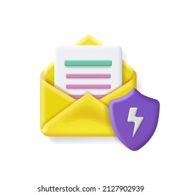 Mail security icon, envelope with coat of arms, Shield on email document protection 3d vector illustration.