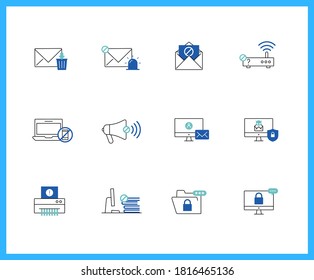 Mail Security linear icons and color icons. Computer, Modem, safety. Set of Network symbols drawn with thin contour lines. Vector illustration.