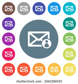 Mail sender flat white icons on round color backgrounds. 17 background color variations are included.