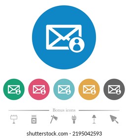 Mail sender flat white icons on round color backgrounds. 6 bonus icons included.