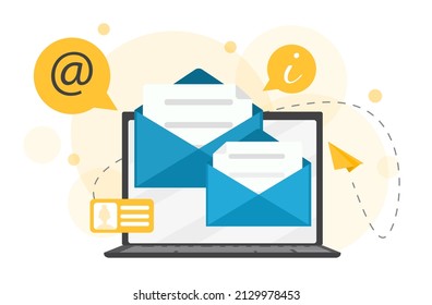 Mail sending concept. Poster with laptop with open envelopes on screen. Online communication, notification or letter. Information technologies and social networks. Cartoon flat vector illustration