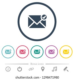 Mail sent flat color icons in round outlines. 6 bonus icons included.