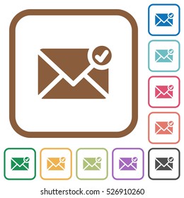 Mail sent simple icons in color rounded square frames on white background