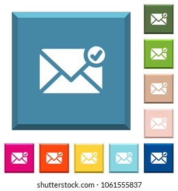 Mail sent white icons on edged square buttons in various trendy colors