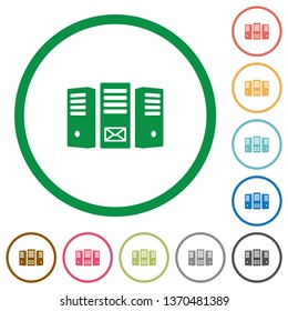 Mail server flat color icons in round outlines on white background