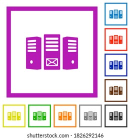 Iconos de color plano del servidor de correo en marcos cuadrados en fondo blanco