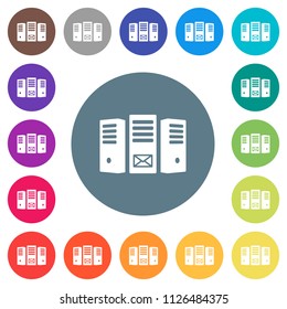 Mail server flat white icons on round color backgrounds. 17 background color variations are included.
