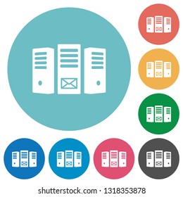Mail server flat white icons on round color backgrounds