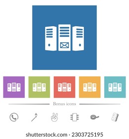Mail server flat white icons in square backgrounds. 6 bonus icons included.